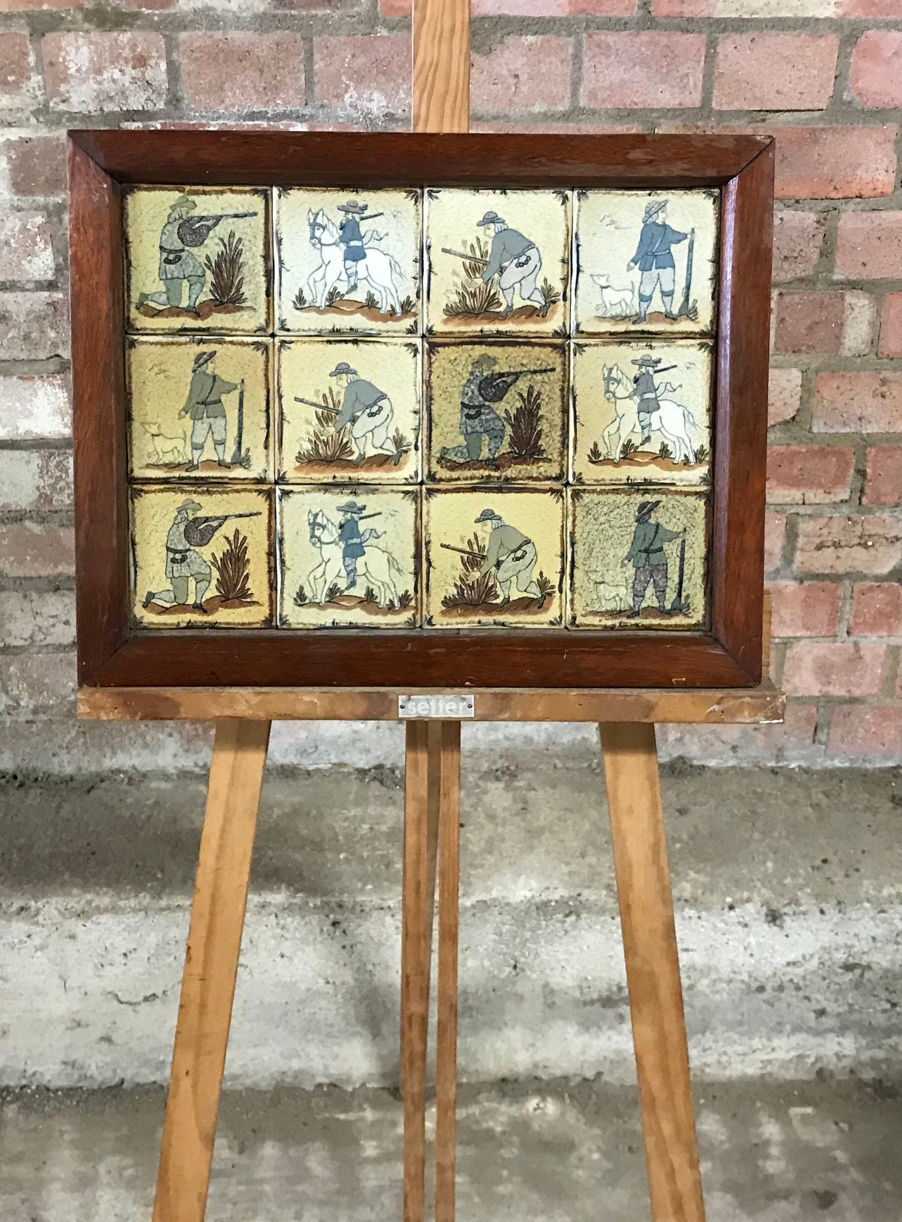 Rare 19th Century Hand Painted Glazed Ceramic Tiles With Hunting Scenes