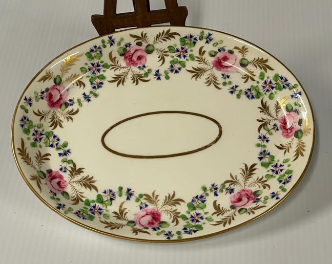 Antique Georgian Derby Porcelain Oval Dish With Floral Rose Pattern & Gilt Rim