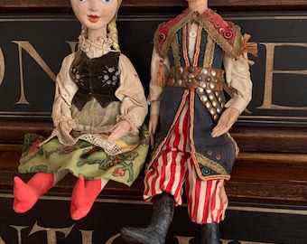 Pair of Rare 19th Century Papier Mache Dolls in Original Clothing