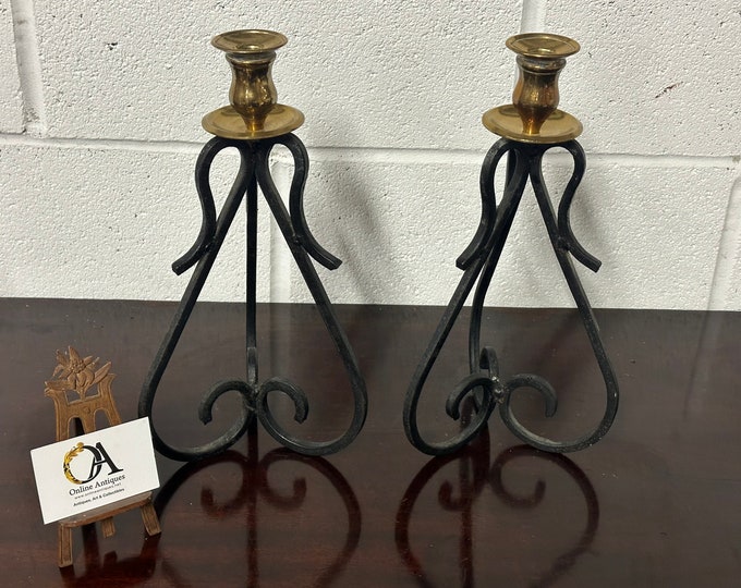 Vintage Pair Of Quality Well Made Wrought Iron And Brass Candle Holders