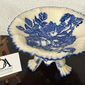 Vintage Blue & White Ceramic  Ironstone Staffordshire  Footed Serving Plate