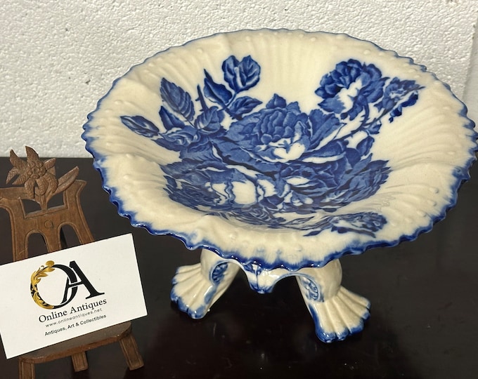 Vintage Blue & White Ceramic  Ironstone Staffordshire  Footed Serving Plate