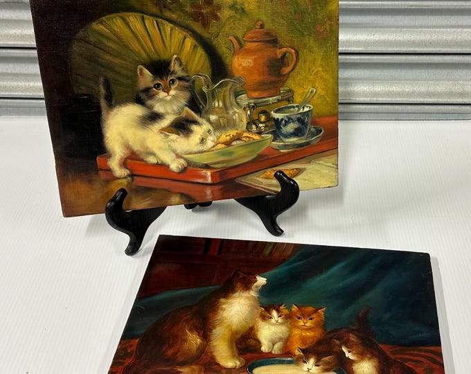Gorgeous Pair of Original Vintage Oil Paintings – Charming Kitten Scenes