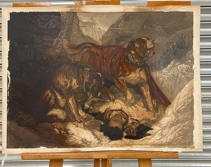 19th century chromolithograph after one of Sir Edwin Landseer’s most famous paintings, “Alpine Mastiffs Reanimating a Distressed Traveller”