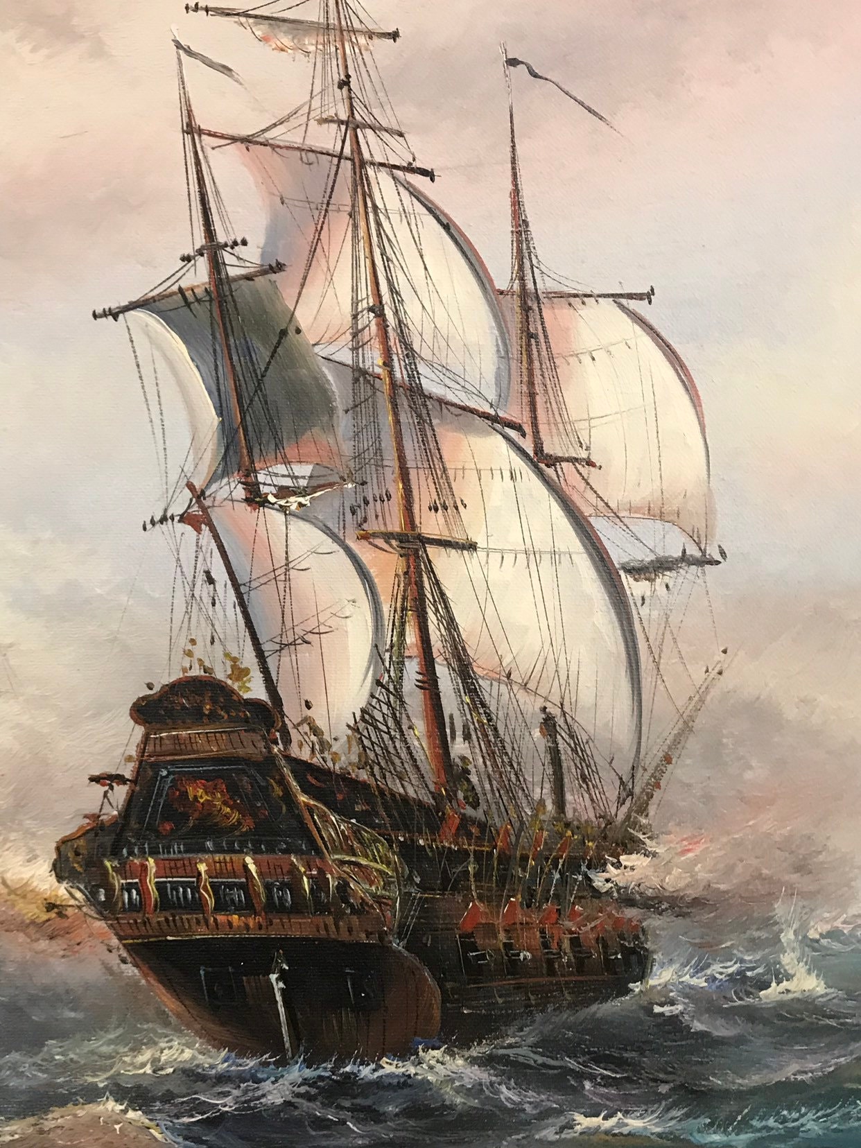 Original Oil Painting of Galleon Ships at Sea by J Harvey