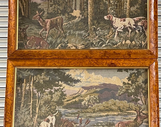 Pair Of Circa Late 19th Century Maple Veneer Framed Stag/Deer Hunting Tapestries