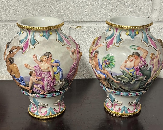 Pair Of Antique Crown Naples Capodimonte High Relief Decorated Vases (A/F)