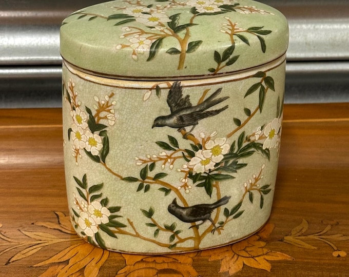 Beautiful Vintage Hand Decorated ‘India Jane’ Oval Shaped Tea Caddy, Decorated with Blossom and Black Birds