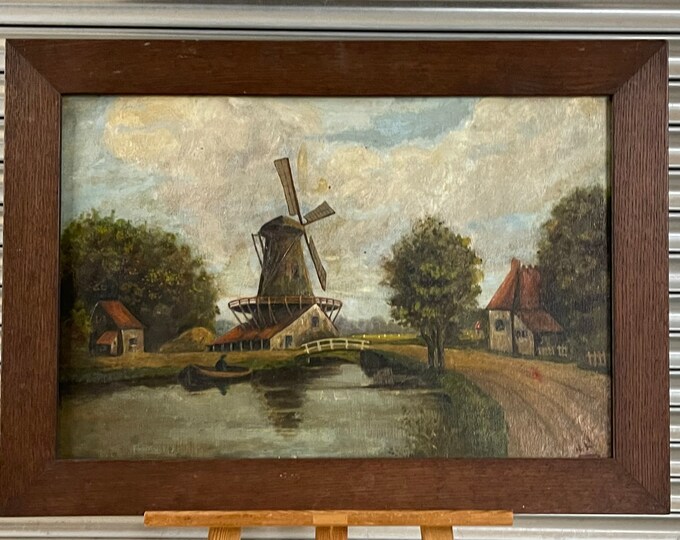 Antique Continental Oil Painting Of A Windmill Scene Signed With Initials W K
