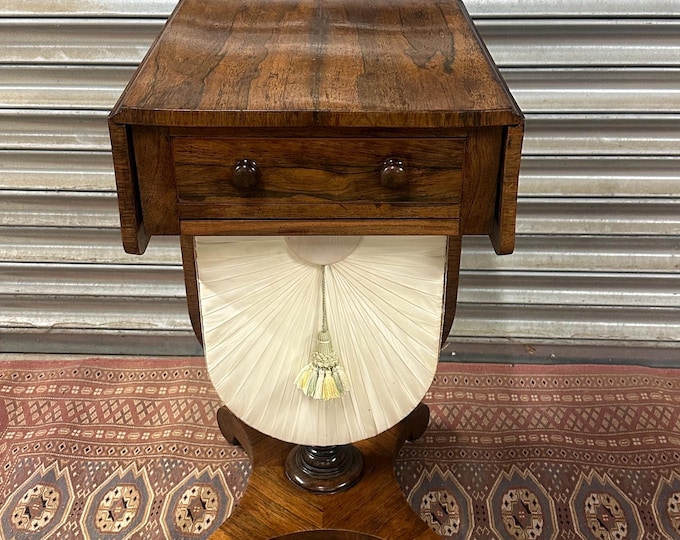 Antique Regency / William IV Rosewood Work Table – Fitted Drawer, Silk Basket & Drop Sides on Castors