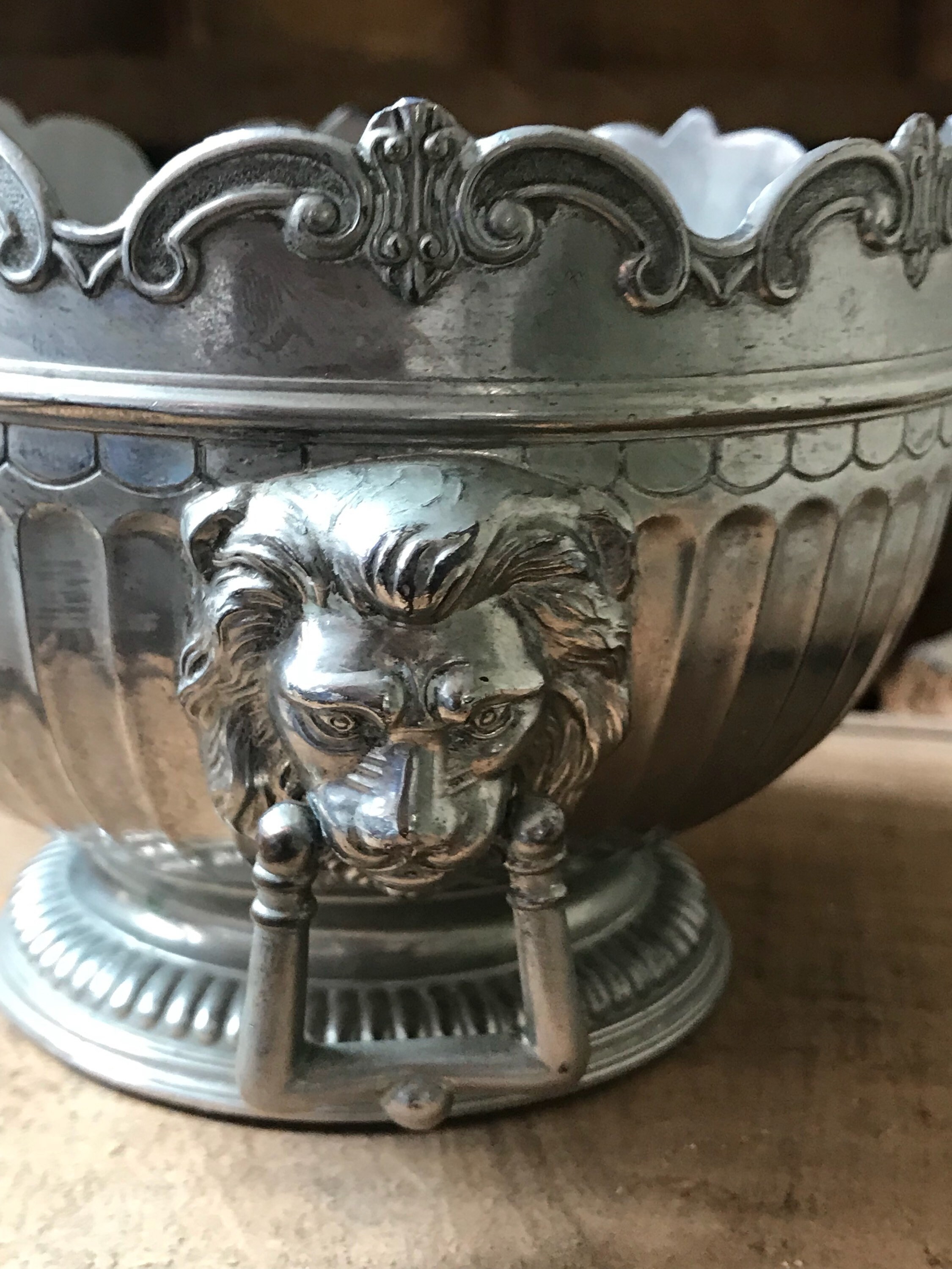 Vintage Silver Metal Beautifully Designed Twin Lion Handled Bowl