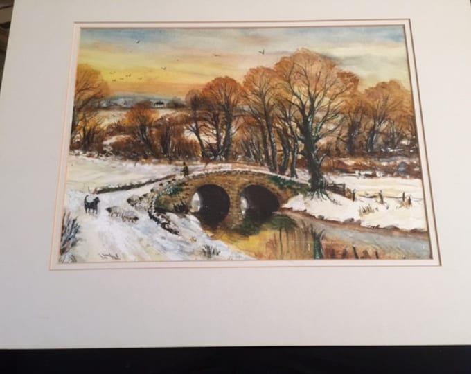Watercolour of a man herding sheep across a bridge in the country