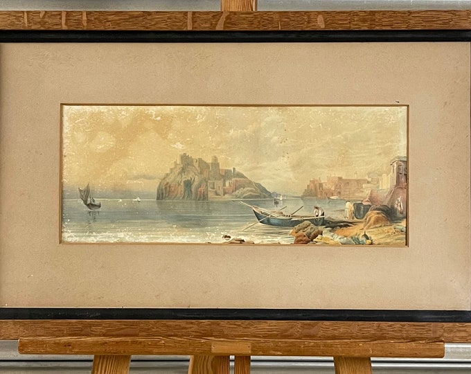 Original Early c19th Century Watercolour of a Coastal Harbour Scene