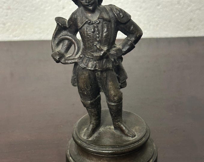 Antique 19thC French Cast Bronze Musketeer Cavalier Figurine With French Horn