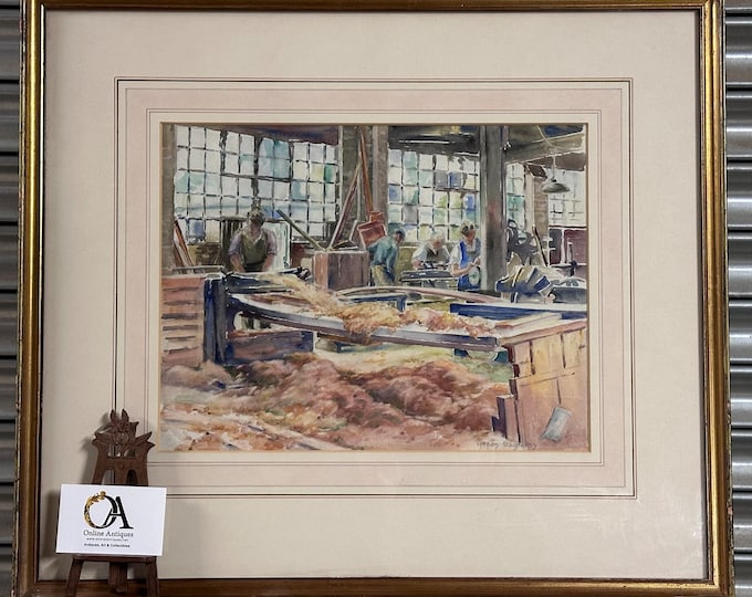 Beautiful c1940’s Watercolour By Aileen Eagleton Of Workers In A Wool Factory