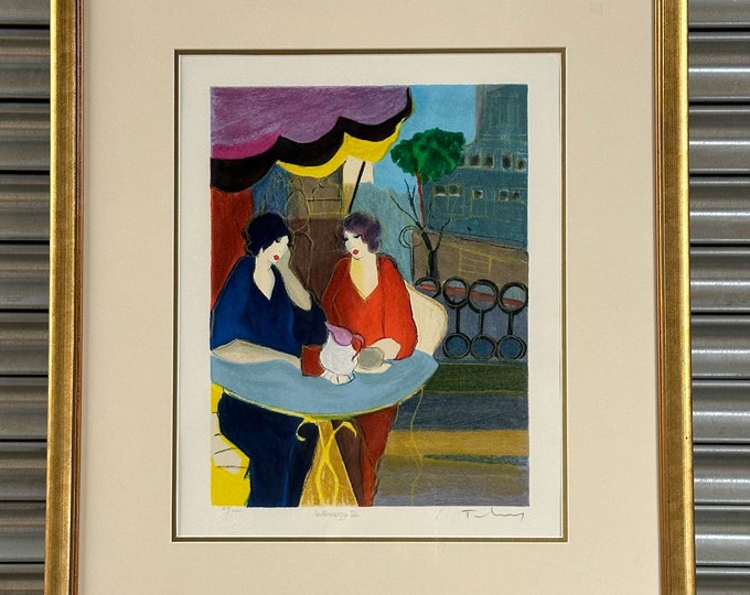 Itzchak Tarkay - (Yugoslavia/Israel, 1935-2012) "Two Women At Cafe" Hand Signed Limited Edition, 67/350 Serigraph Print, Printer's Stamp.