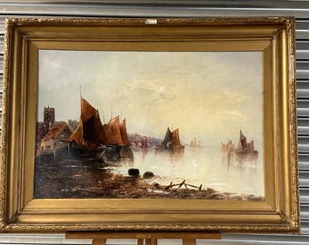 Antique Oil Painting Thames Barges River Scene Gilt Frame Maritime c1900 - A beautifully atmospheric painting