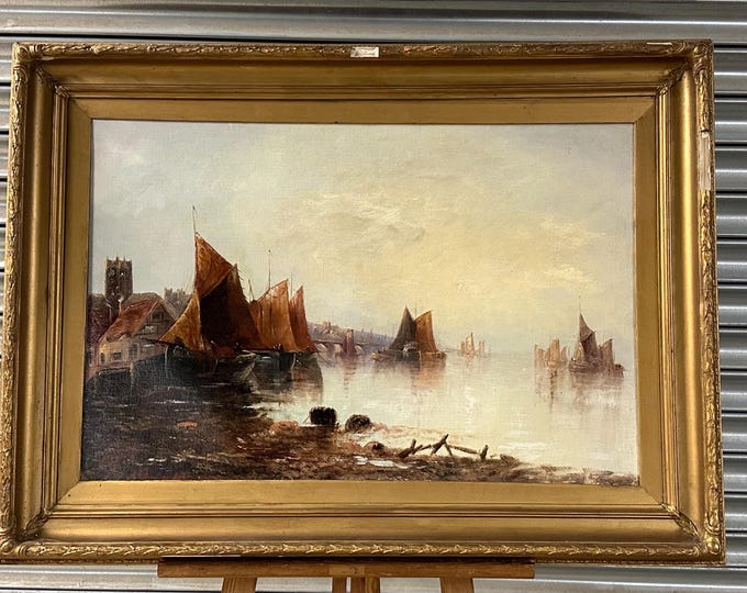 Antique Oil Painting Thames Barges River Scene Gilt Frame Maritime c1900 - A beautifully atmospheric painting