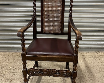Antique English Barley Twist Caned Back Oak Chair with Drop in Seat circa early 1900