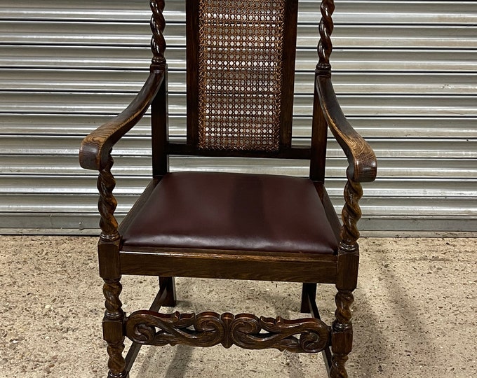 Antique English Barley Twist Caned Back Oak Chair with Drop in Seat circa early 1900