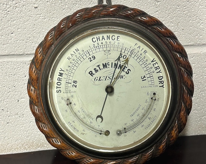 Rare Victorian porcelain dial twin crescent shaped thermometer barometer