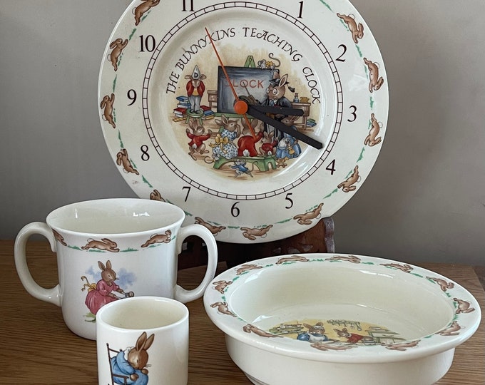 1984 Bunnykins Golden Jubilee Celebration Royal Doulton Tableware + Teaching Clock.