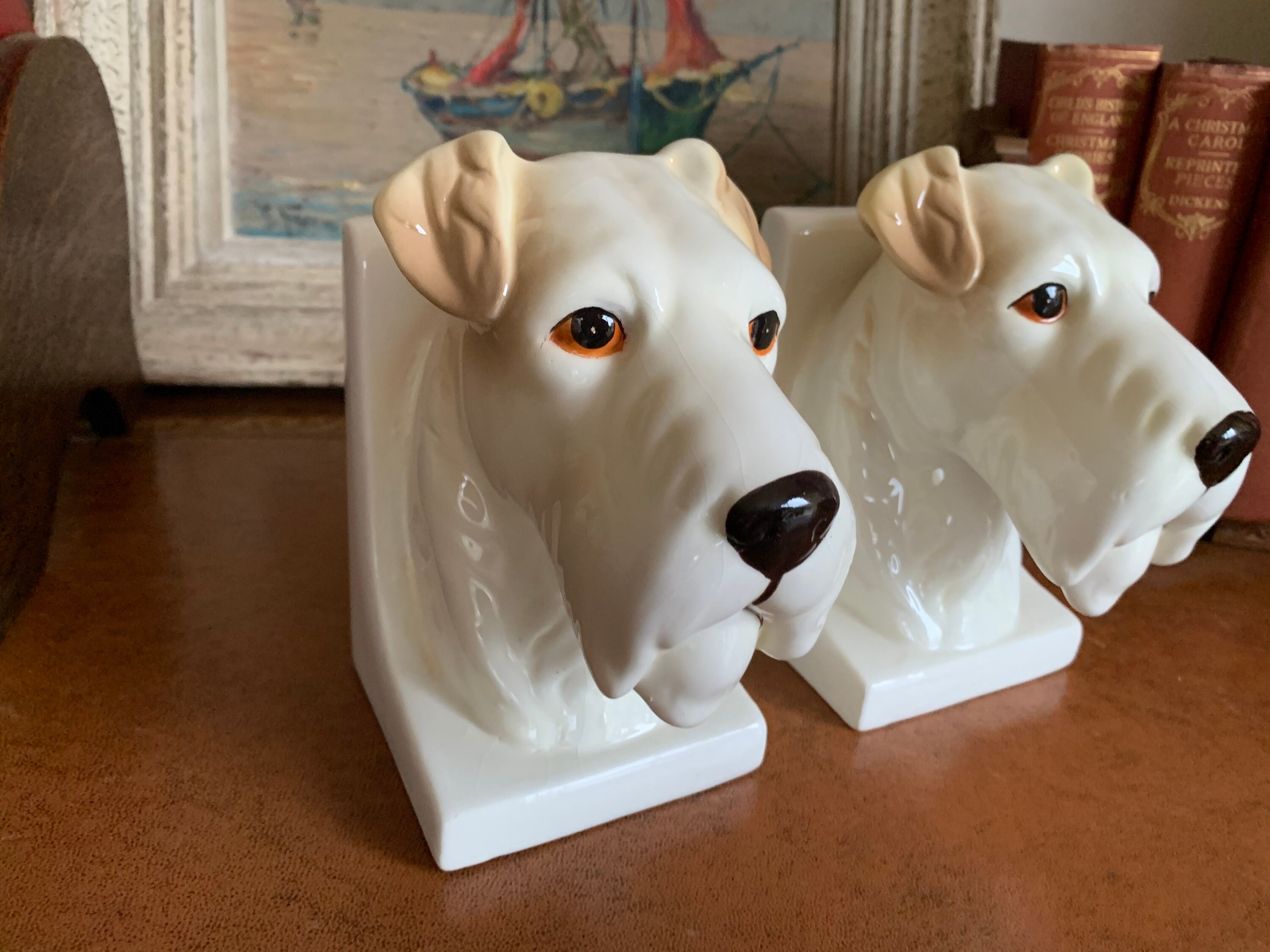 Beautiful Pair Of Vintage Ceramic Terrier Dog Bookends