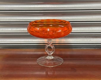 1950’s Art Glass Bowl / Compote Dish – Vibrant Orange Glass on Clear Stem