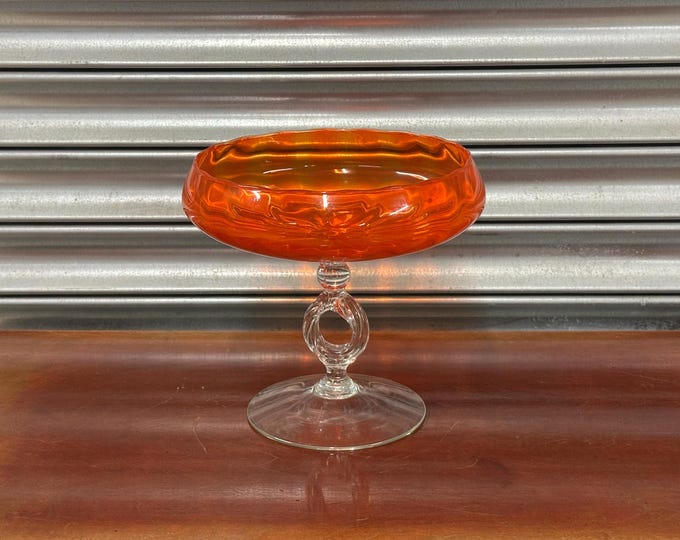 1950’s Art Glass Bowl / Compote Dish – Vibrant Orange Glass on Clear Stem