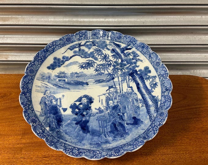 Large Antique 19th Century Japanese Meiji Period Blue & White Porcelain Charger Plate