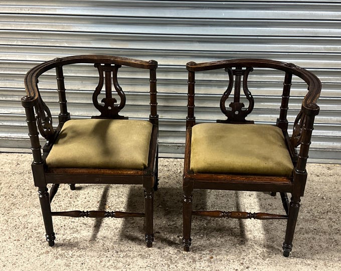 Pair of Antique Edwardian Mahogany Corner Arm Chairs, Lyre Backs & Drop In Seats