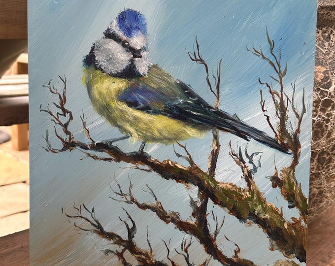 Lovely Original Oil Painting On Board Of A Blue Tit By Anthony 0’Keefe - Dated 2023