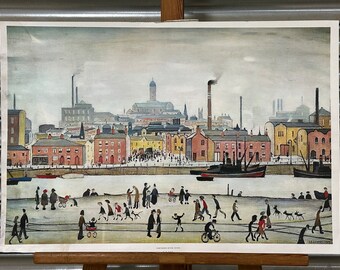 Vintage Druck nach dem Künstler L S Lowry Betitelt Nördliche Flussszene