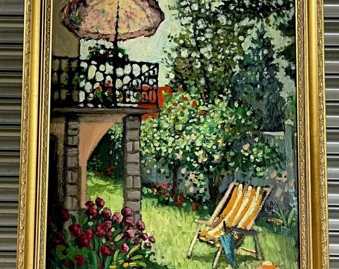 Bright Vibrant Original Oil Painting of a Sunny Garden Scene Signed Kanayh