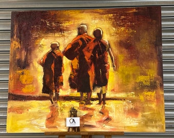 Gorgeous Original Oil Painting On Canvas Depicting Three Buddhists