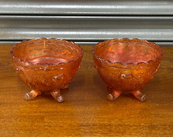 Pair Vintage Art Deco Carnival Glass Bowls Orange Iridescent Footed Pressed Glass