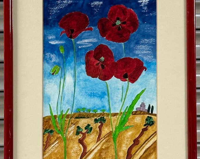 Original watercolour by ‘Buttercup’ Garrad Titled Poppies of Vines Watercolour 1995