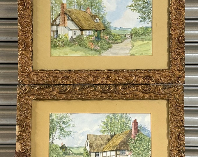 Pair Of Antique Quintessential English Cottage Garden Watercolours By M Gardner