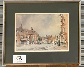 Original Watercolour Of Woburn High Street By David Green Dated 1980 - Beautiful Art / Perfect Gift