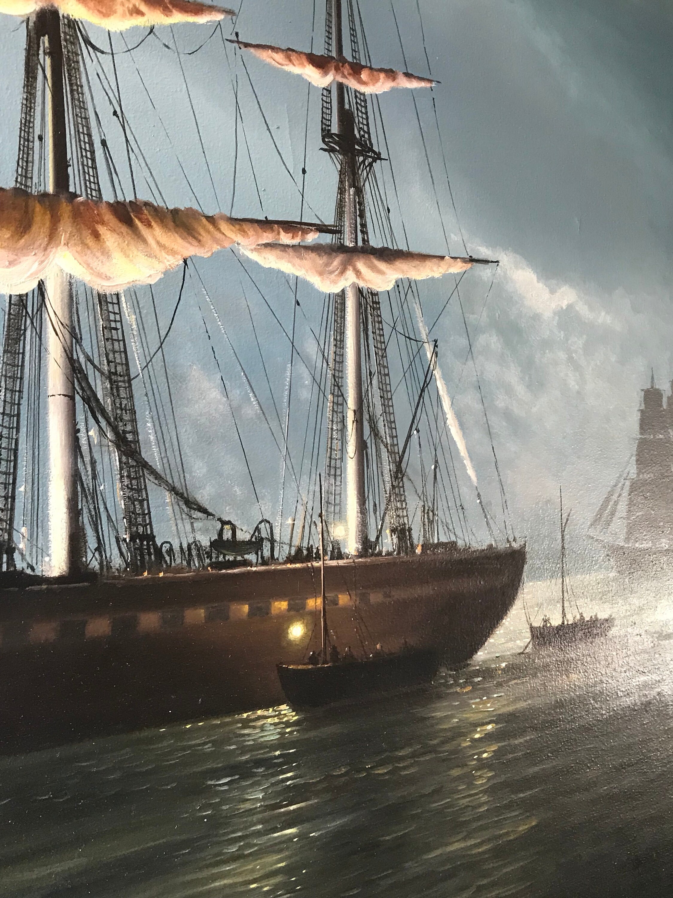 A Fabulous Large Original Gilt Framed Oil On Canvas Of Ships In A