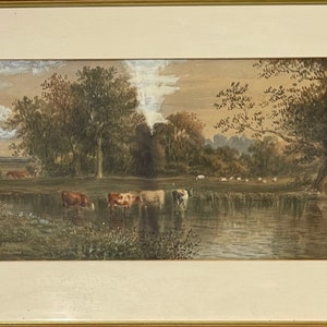 Wunderschönes Aquarell von Rindern im Fluss 'Bei Alton Hampshire' aus dem 19. Jahrhundert - Ohne Signiert