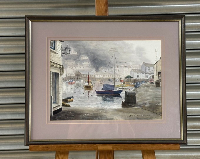 Beautiful Watercolour Titled Early Morning Polperro Harbour By Donald Jackson