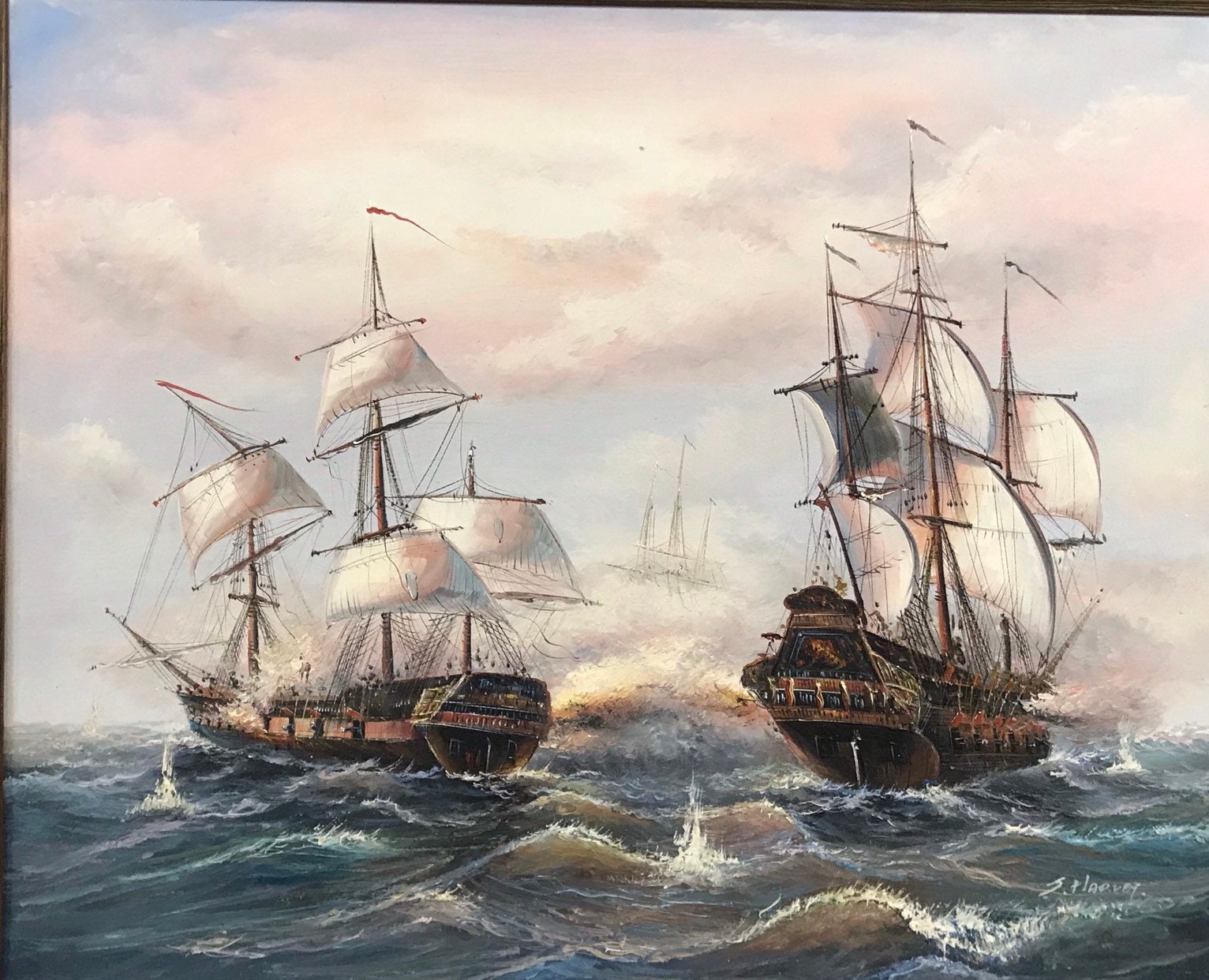 Original Oil Painting of Galleon Ships at Sea by J Harvey