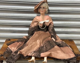 Vintage Boudoir Cloth Sofa Doll – Hand-Painted Face – 1920s/30s Style
