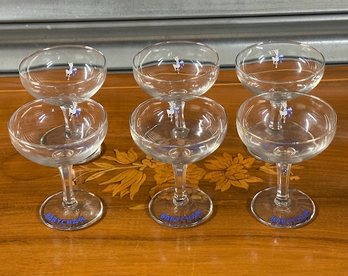 Set Of Six Vintage Babycham Glasses With Fawn Emblem And Hexagonal Stem