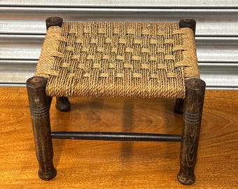 Antique Rustic Wooden Footstool with Hand-Woven Rush/String Seat – Country Cottage Stool