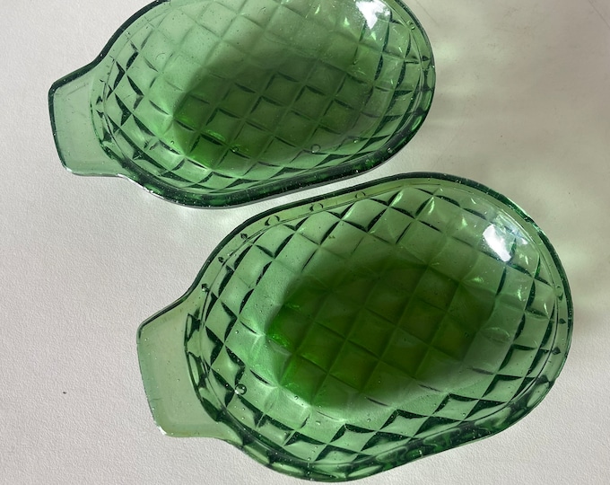 Beautiful Set of Two Green Glass Art Deco Style Cocktail Serving Dishes circa 1950’s/1960’s