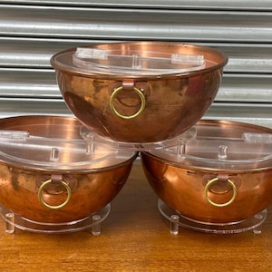 Three Vintage French Mauviel Copper Bowls With Perspex Stands And Lids