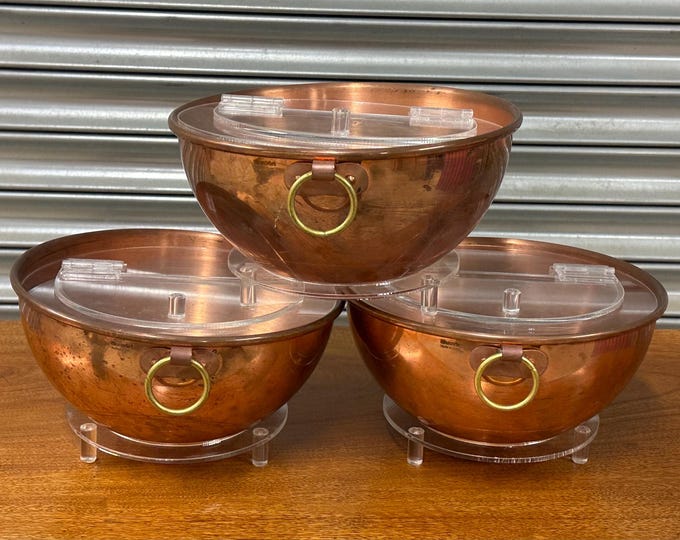 Three Vintage French Mauviel Copper Bowls With Perspex Stands And Lids