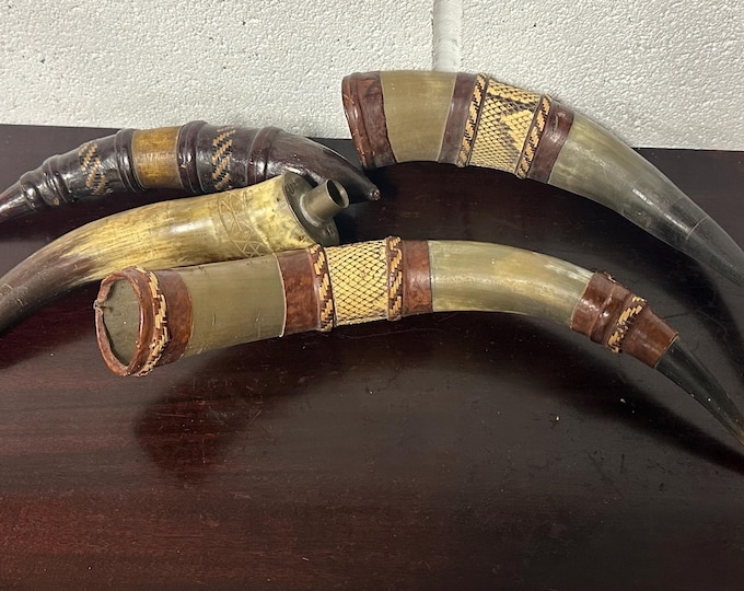 Antique Powder Horn And Three Additional Horn Items